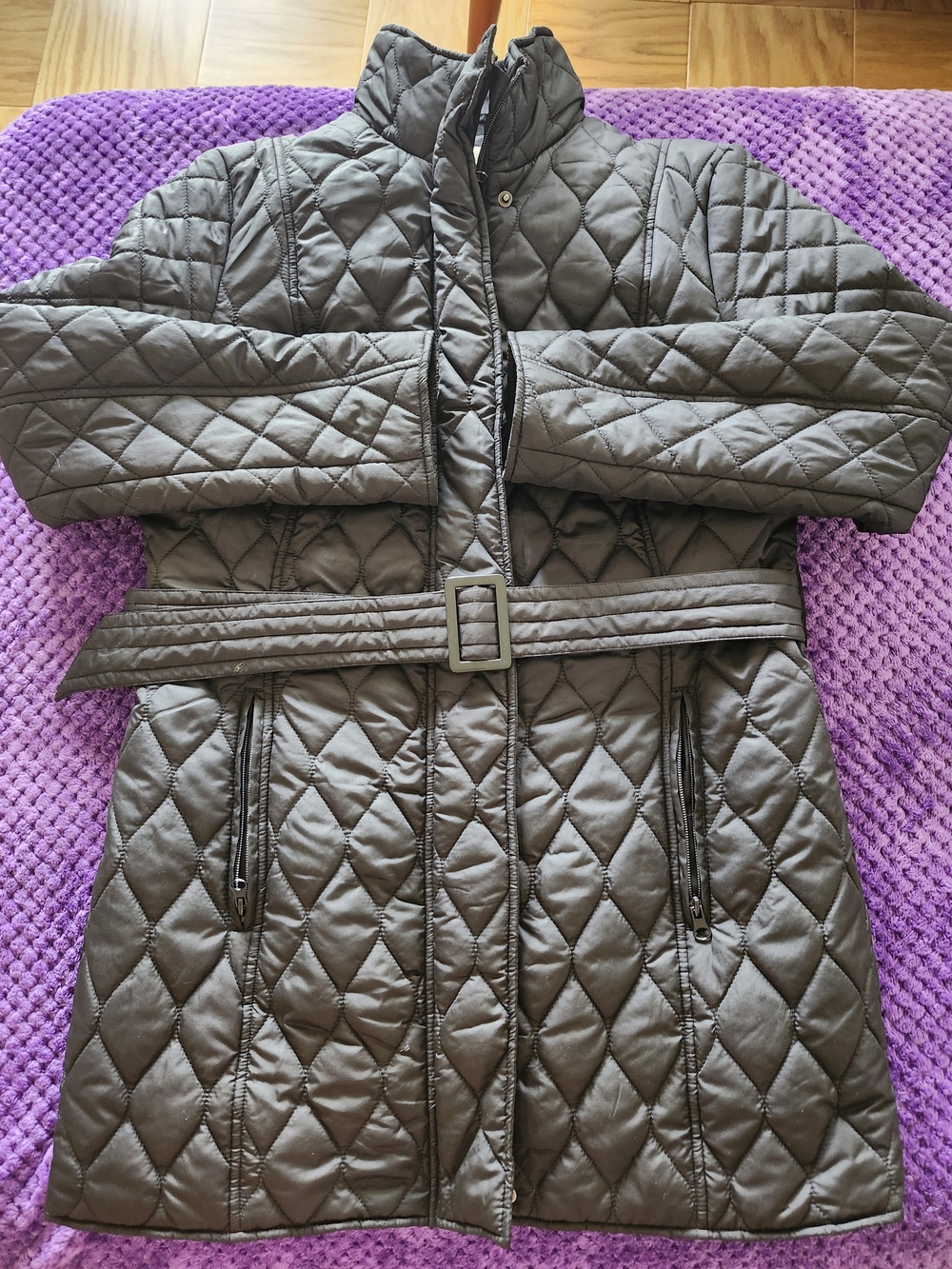 Faded Glory Quilted Belted Coat in Olive Green